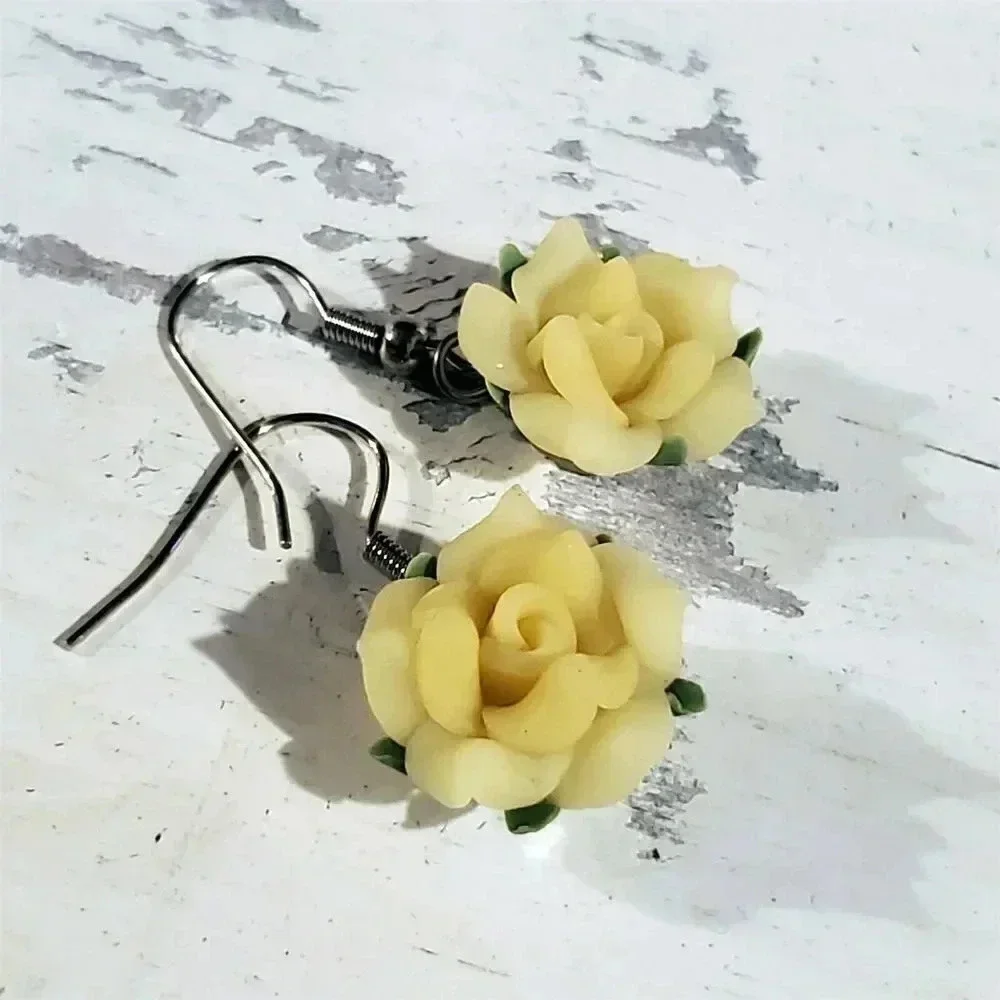 Handcrafted Fimo Polymer Clay Yellow Rose Flower Bead Dangle Earrings